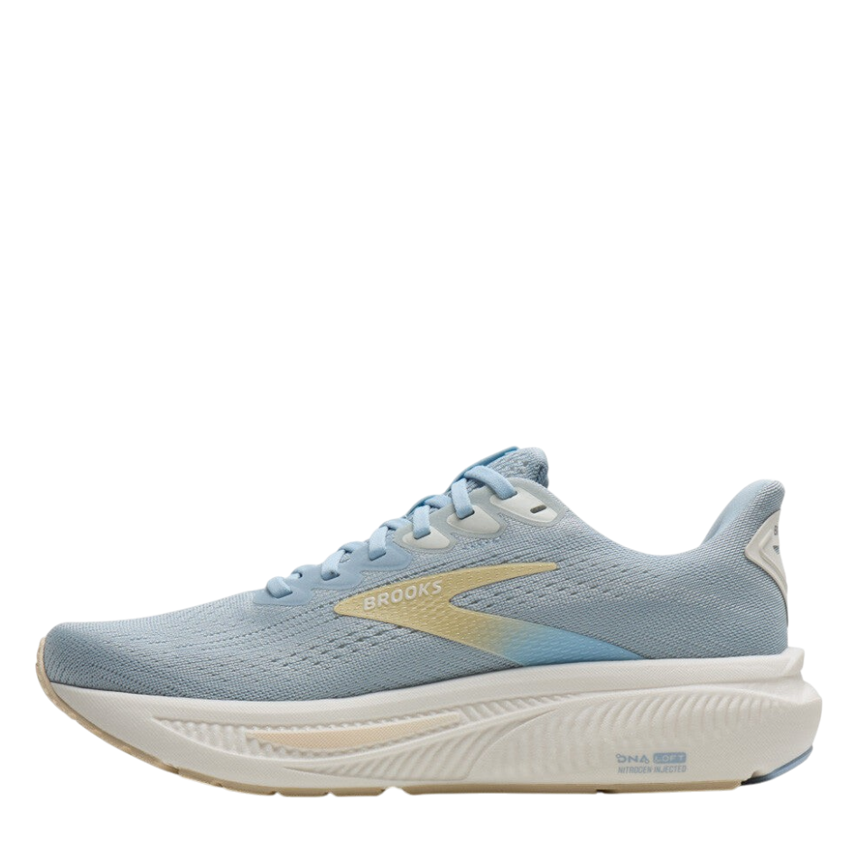 Up & Running Brooks Women's Ghost 17 running shoes in skyway blue, coconut, and sand with DNA Loft v3 cushioning.