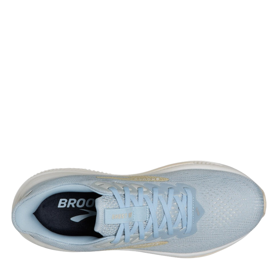 Up & Running Brooks Women's Ghost 17 running shoes in skyway blue, coconut, and sand with breathable air mesh upper.
