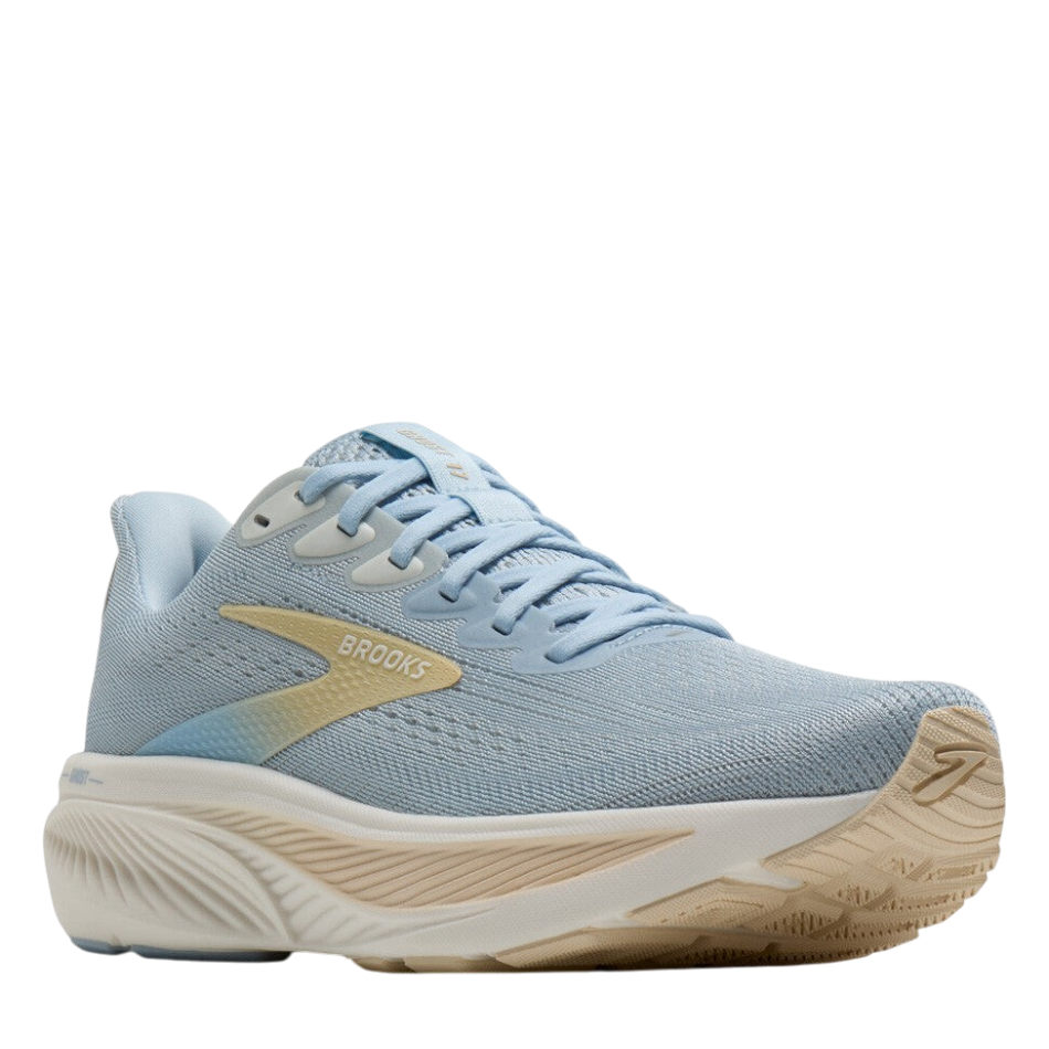 Up & Running Brooks Women's Ghost 17 running shoes in skyway blue, coconut, and sand with breathable air mesh upper.