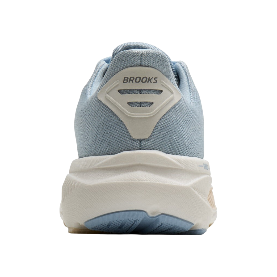 Rear view of Up & Running Brooks Women's Ghost 17 running shoes in skyway blue, coconut, and sand mesh