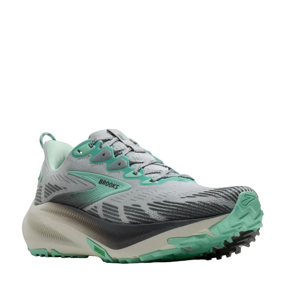 Brooks Women's Ghost Trail Running Shoes in Harbour Mist/Poppy/Yucca, side angle