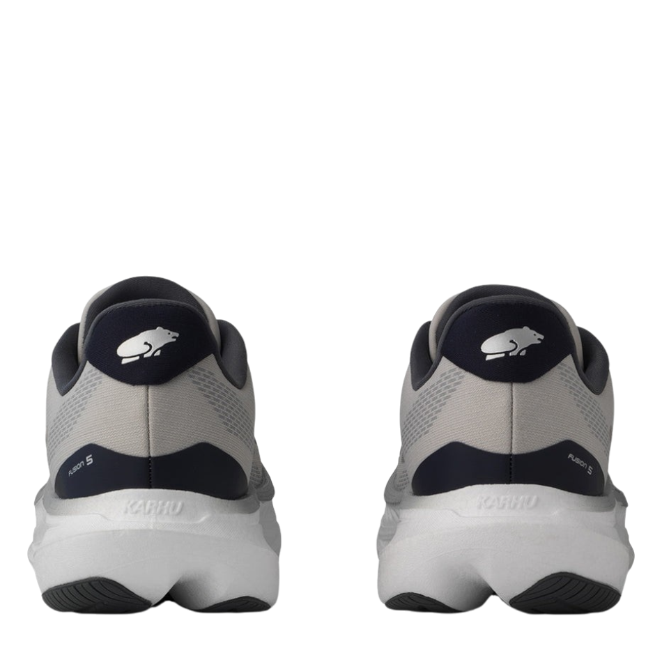Up & Running Karhu Fusion 5.0 running shoes in Antarctica and Turbulence grey, rear view showing heel branding.