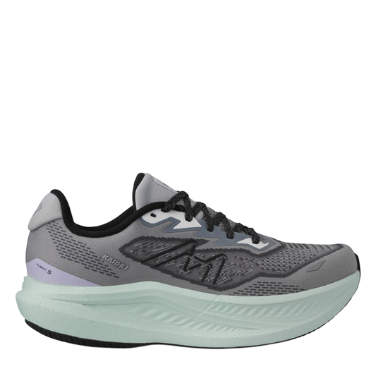 Up & Running Karhu Women's Fusion 5.0 running shoes in ultimate grey and pale aqua with breathable IdealKnit mesh.