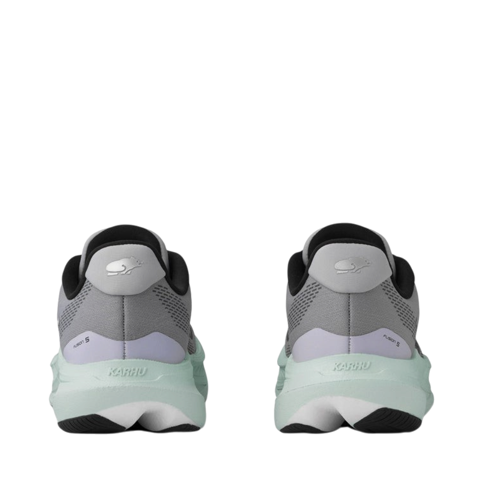 Up & Running Karhu Women's Fusion 5.0 running shoes in ultimate grey and pale aqua, rear view showing heel detail.