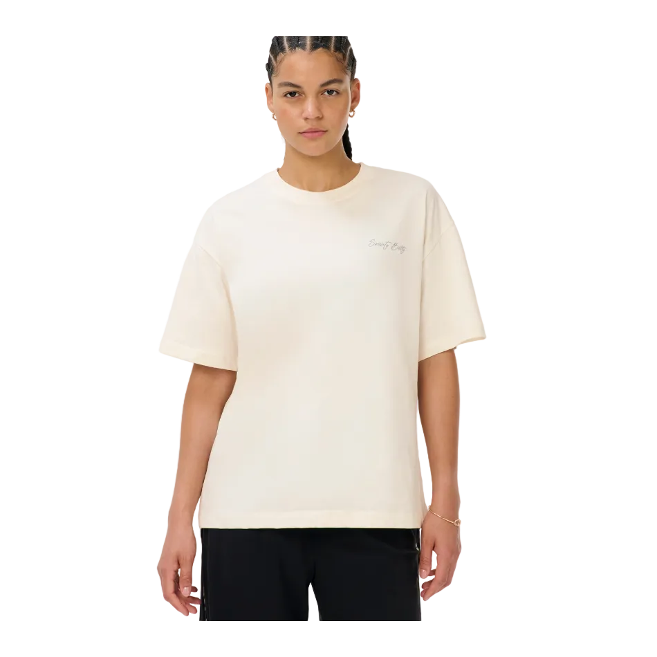 Mindful Moves Graphic T-Shirt in Dove White/Faded Blue/Graphic Script, model front view