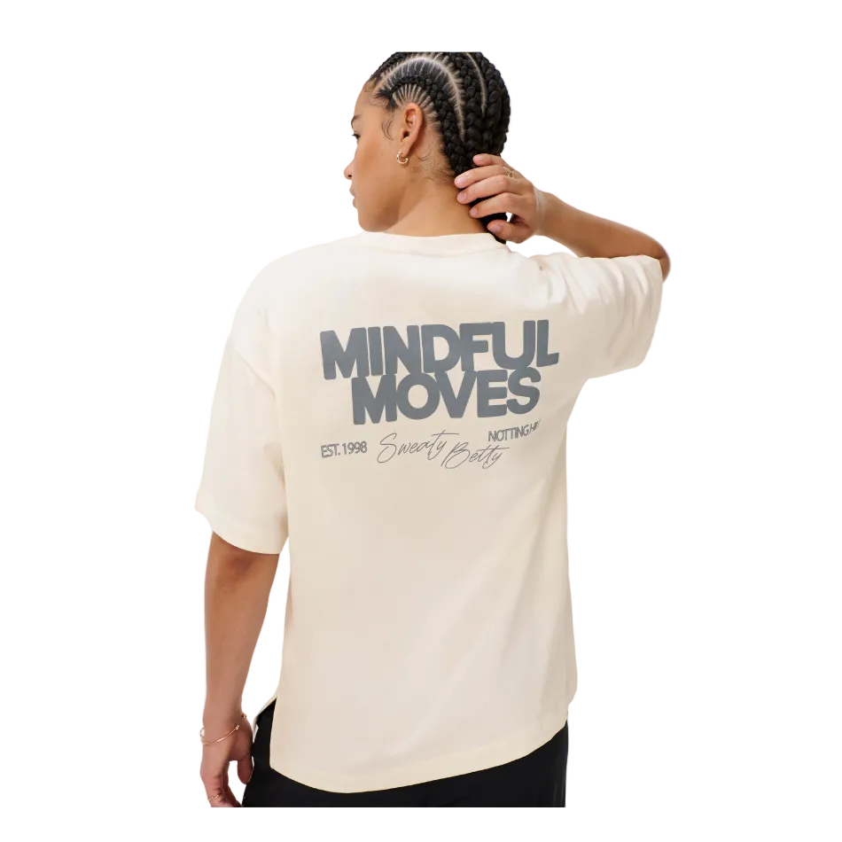 Mindful Moves Graphic T-Shirt in Dove White/Faded Blue/Graphic Script, model back view