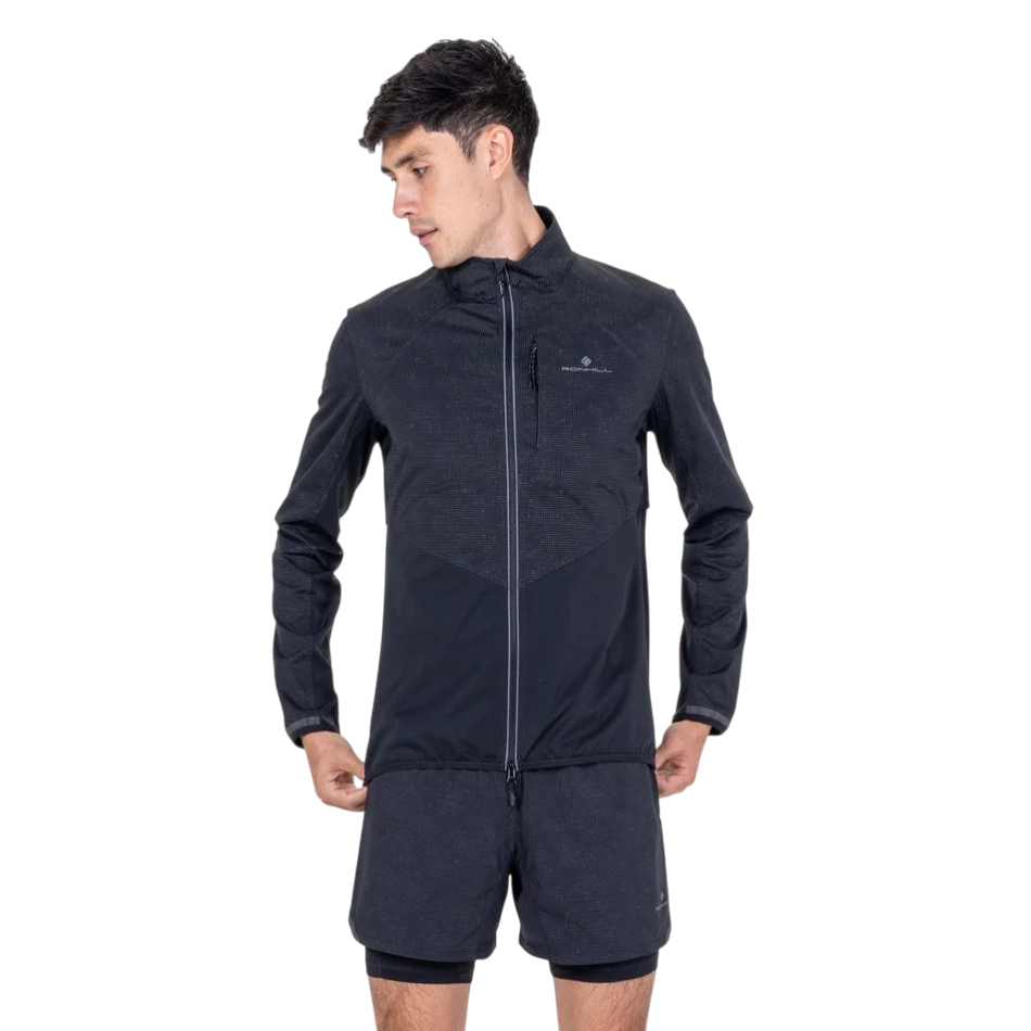 Up & Running Ronhill men's black Tech Reflect Lux running jacket with reflective grid pattern and front zip pocket