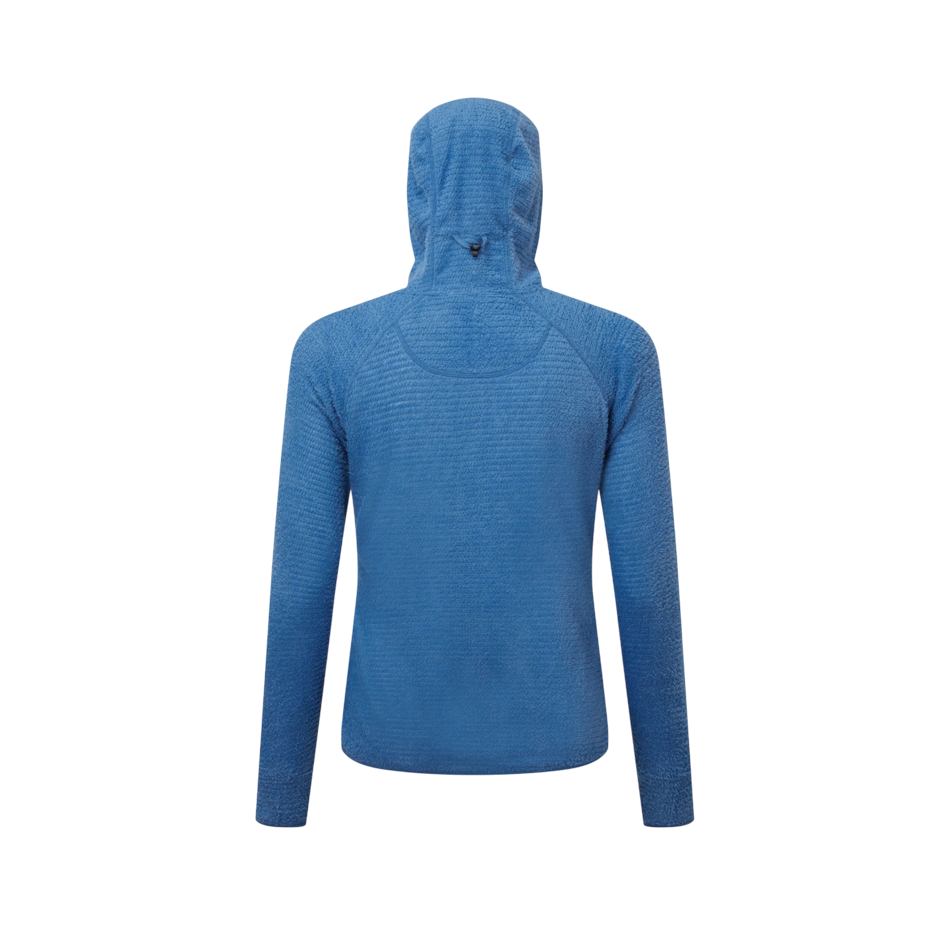 Back view of Up & Running Ronhill women's blue Primaloft winter running hoodie with textured fabric and hood