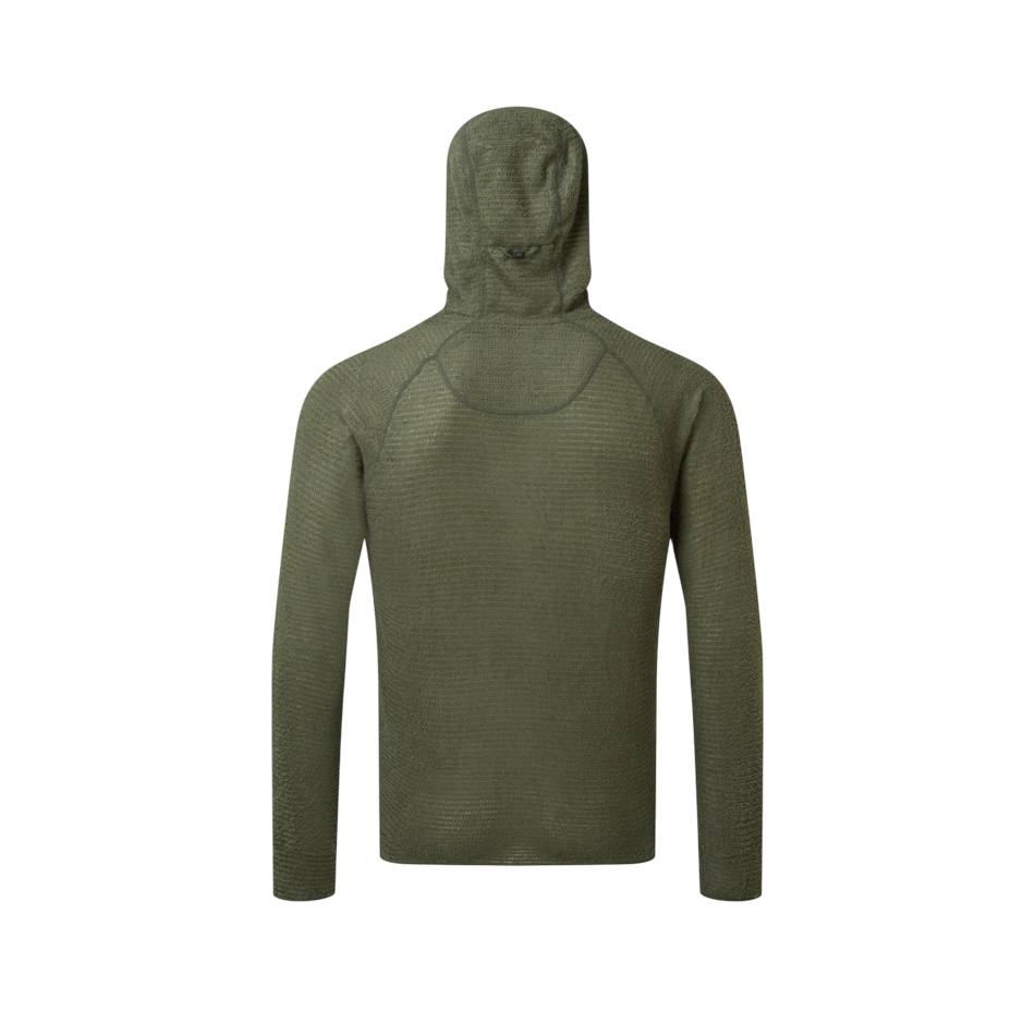 Back view of Up & Running Ronhill Tech Winter Primaloft Hoodie in kelp green with a textured mesh finish and hood.