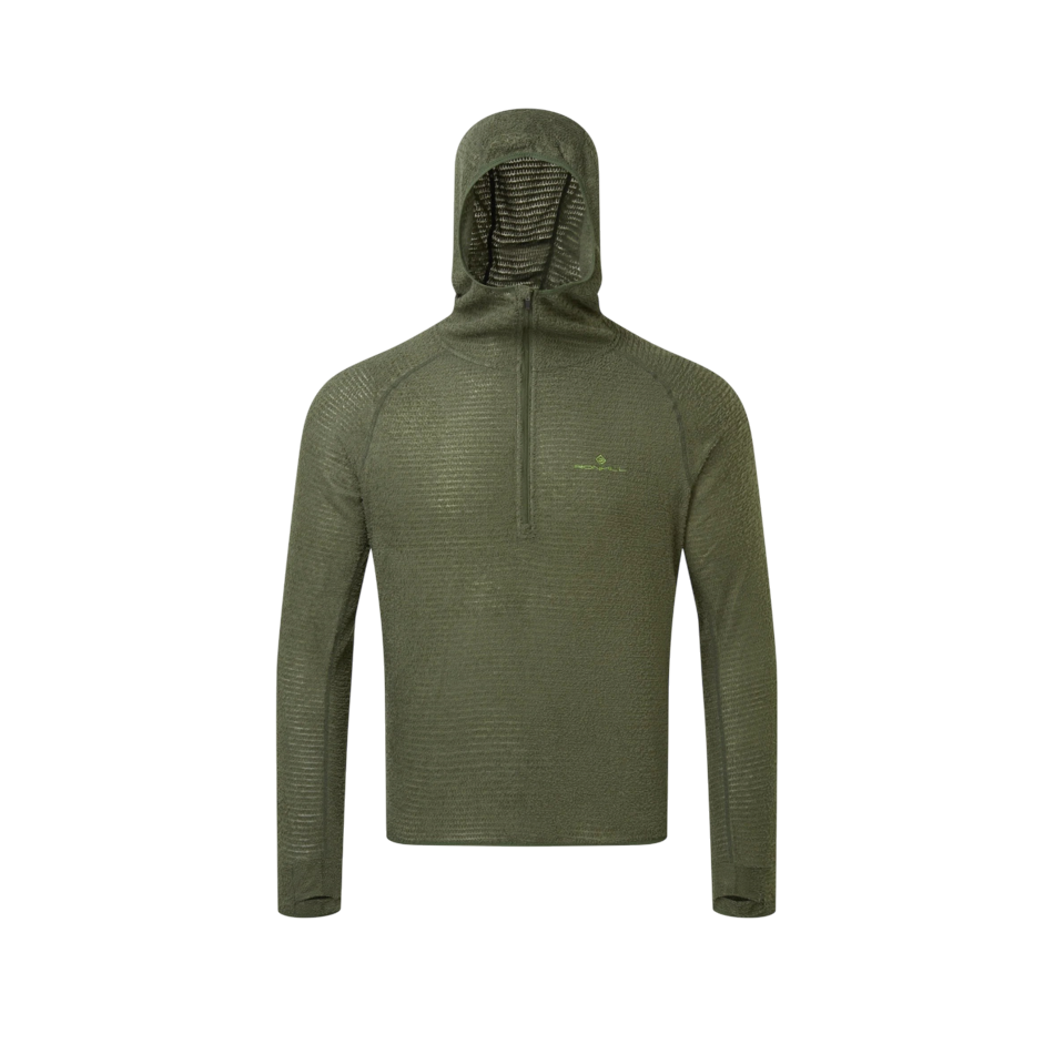 Up & Running Ronhill men's kelp green Tech Winter Primaloft hoodie with a quarter zip and thumb holes.
