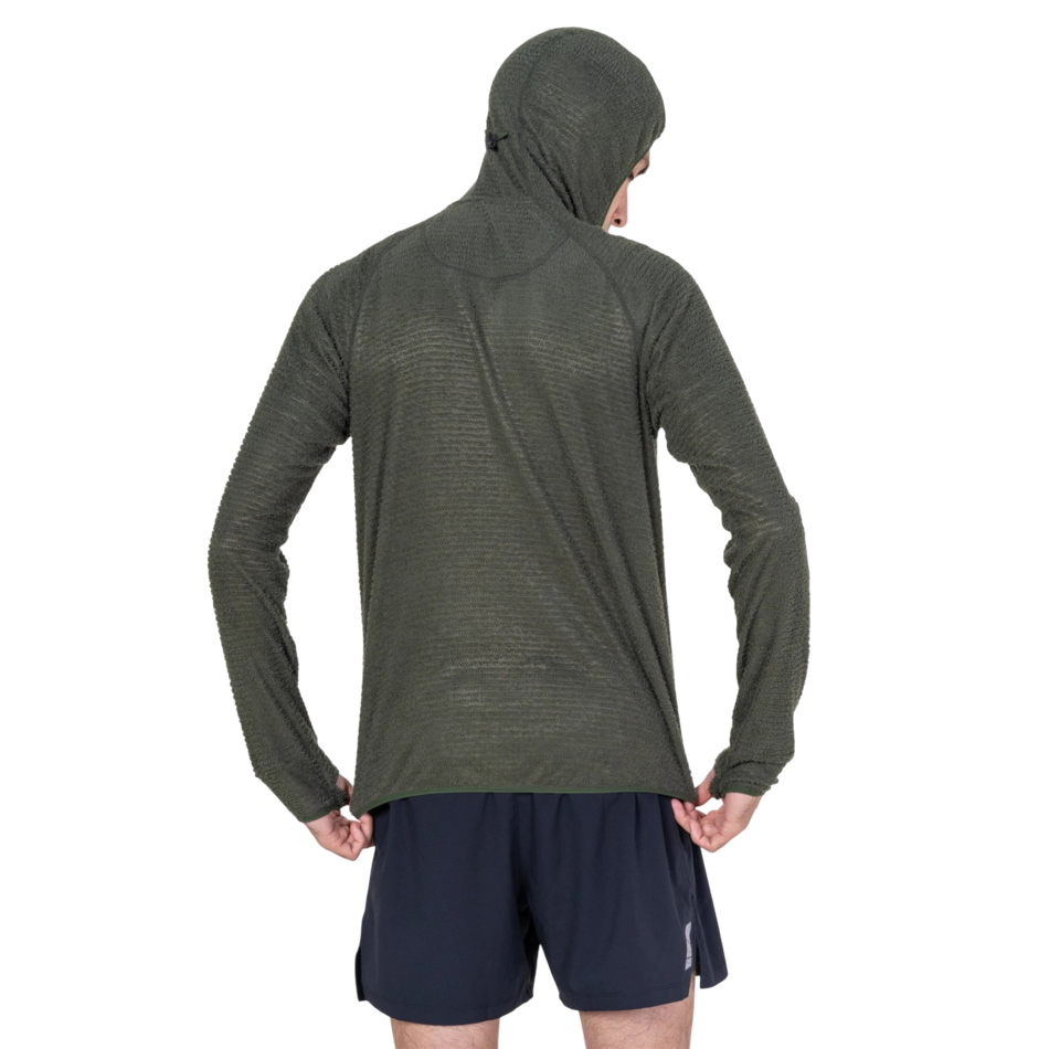 Up & Running Ronhill men's olive green Primaloft running hoodie with hood and thumb holes, back view