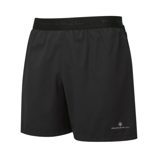 Up & Running Ronhill Men's Tech All-Terrain 5 inch running shorts in black with an elasticated logo waistband.