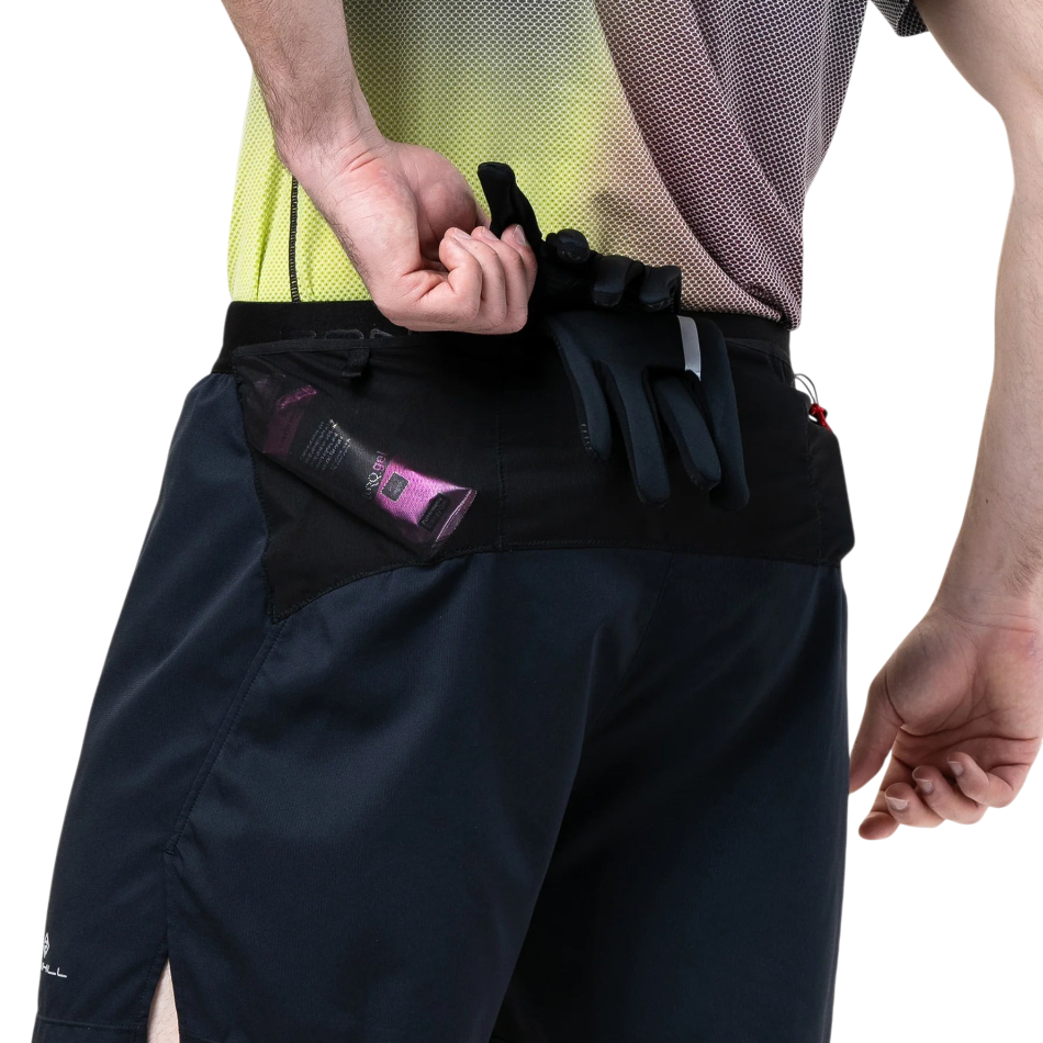 Up & Running Ronhill Men's Tech All-Terrain 5 inch black running shorts with integrated storage pockets on the back