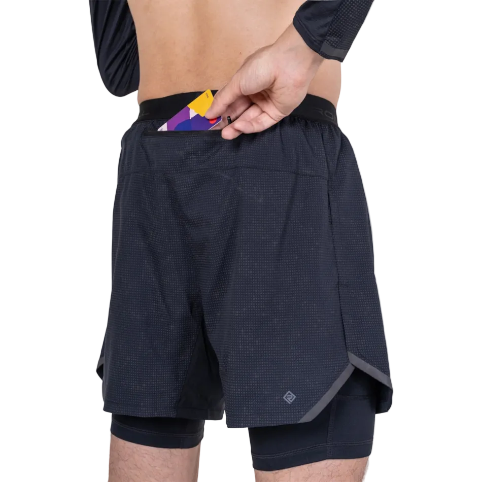 Up & Running Ronhill Men's Tech Reflect Lux 5 inch 2-in-1 black running shorts with a rear zippered pocket.