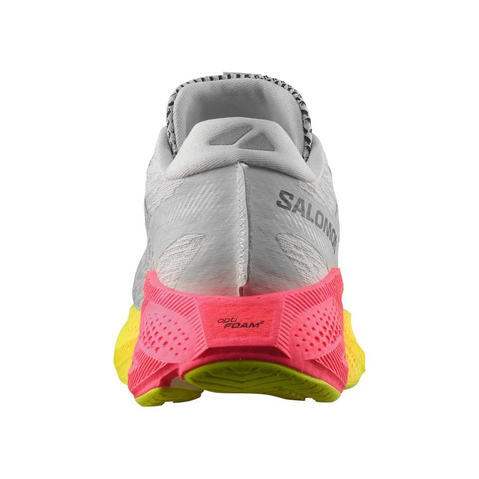 Up & Running Salomon Aero Glide 4 running shoes in grey violet, safety yellow, and pink with OptiFOAM cushioning