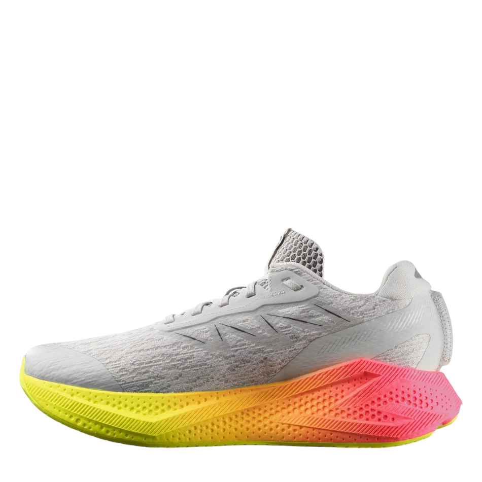 Up & Running Salomon Aero Glide 4 running shoes in grey violet with a vibrant yellow to pink gradient foam midsole.