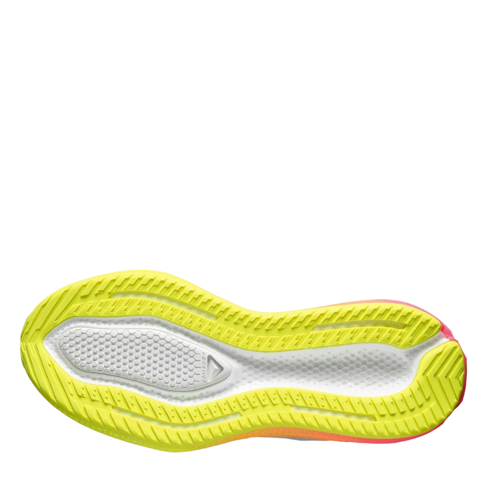 Up & Running Salomon Aero Glide running shoe sole in safety yellow and white with reverse camber geometry