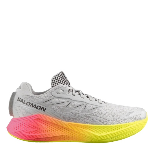 Up & Running Salomon Aero Glide 4 running shoes in grey violet with a vibrant yellow and orange gradient midsole