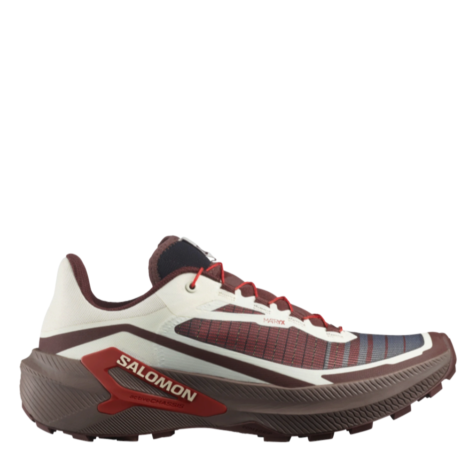 Up & Running Salomon Genesis 2 trail running shoes in vanilla ice, iron, and lava falls with Matryx upper.