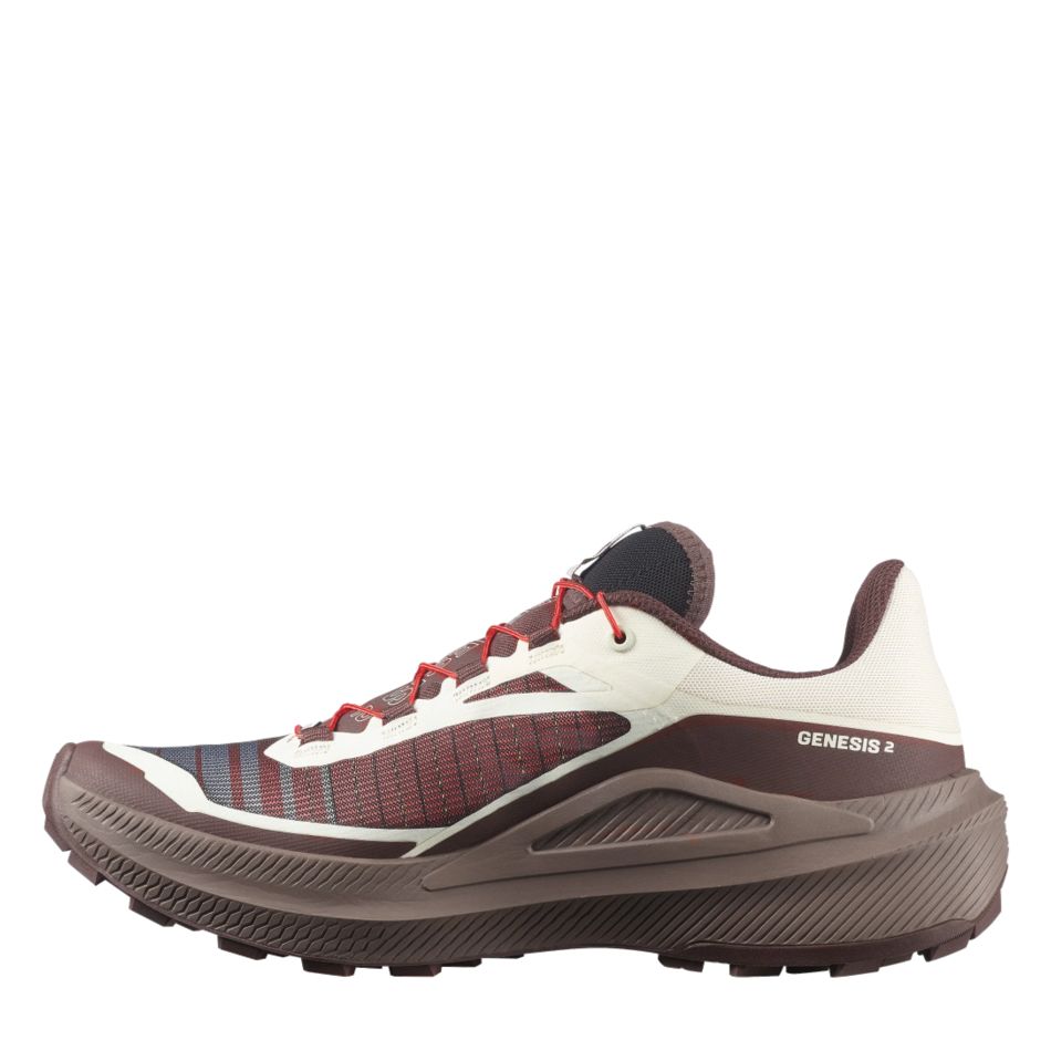 Up & Running Salomon Genesis 2 trail running shoes in vanilla ice, iron, and lava falls with a durable Matryx upper.