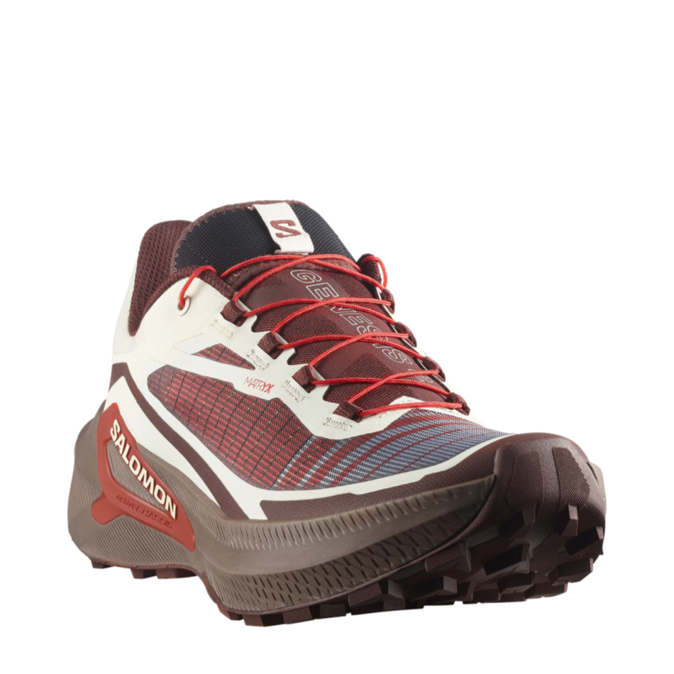 Up & Running Salomon Genesis 2 trail running shoes in vanilla ice, iron, and lava falls with Matryx upper and lugs.