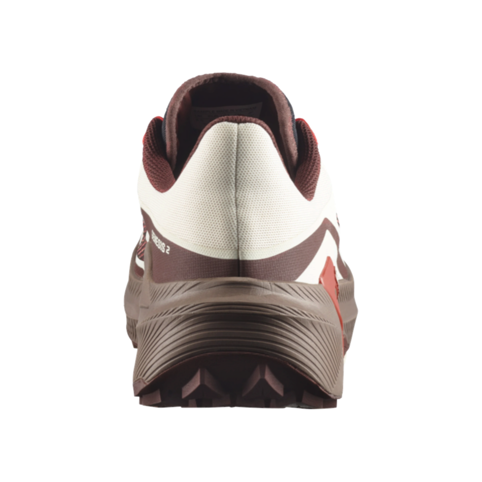 Up & Running Salomon Genesis 2 trail running shoe, rear view showing vanilla, iron, and lava falls colourway.