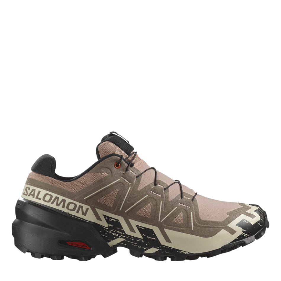 Up & Running Salomon Speedcross 6 men's trail running shoes in natural, black, and almond milk with lugged outsole