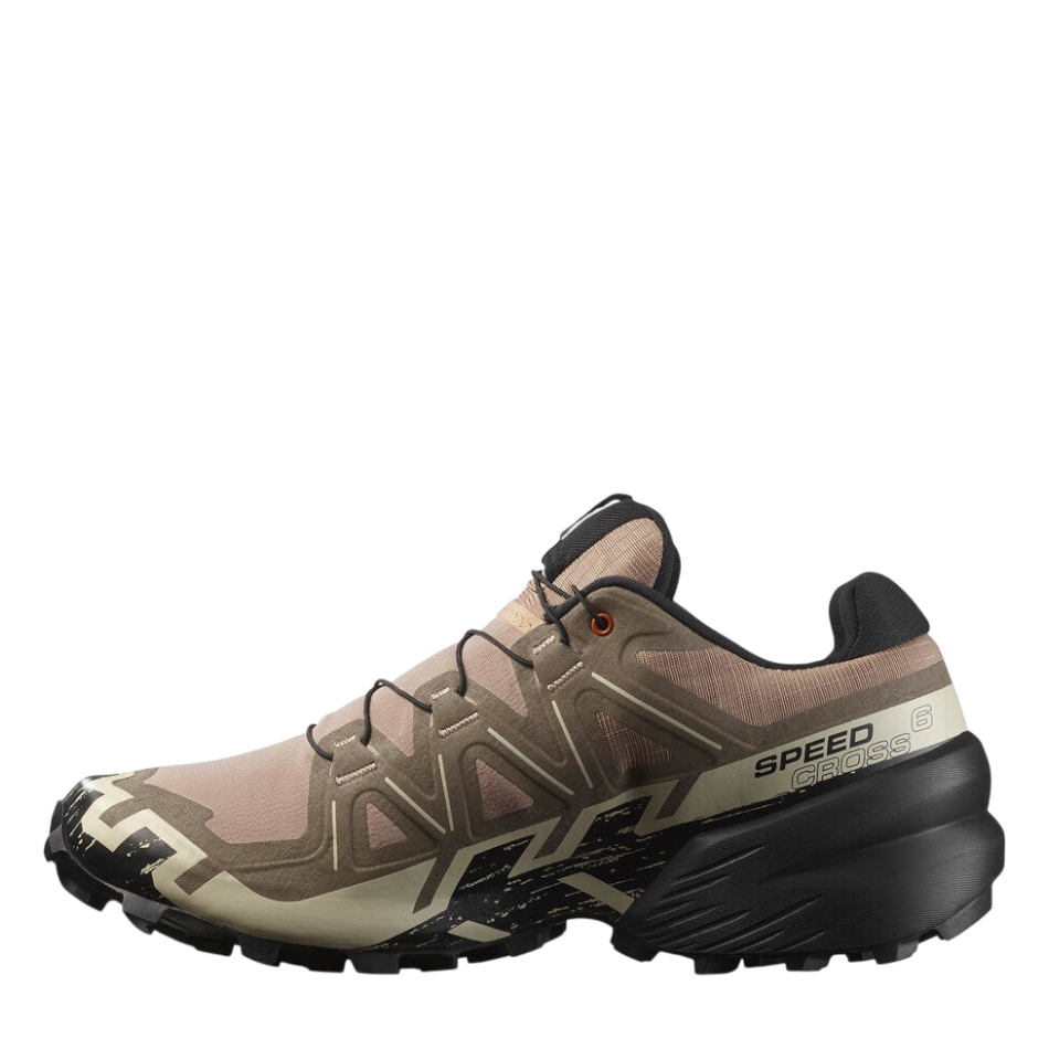 Up & Running Salomon Speedcross 6 men's trail running shoes in natural, black, and almond milk with rugged outsoles.