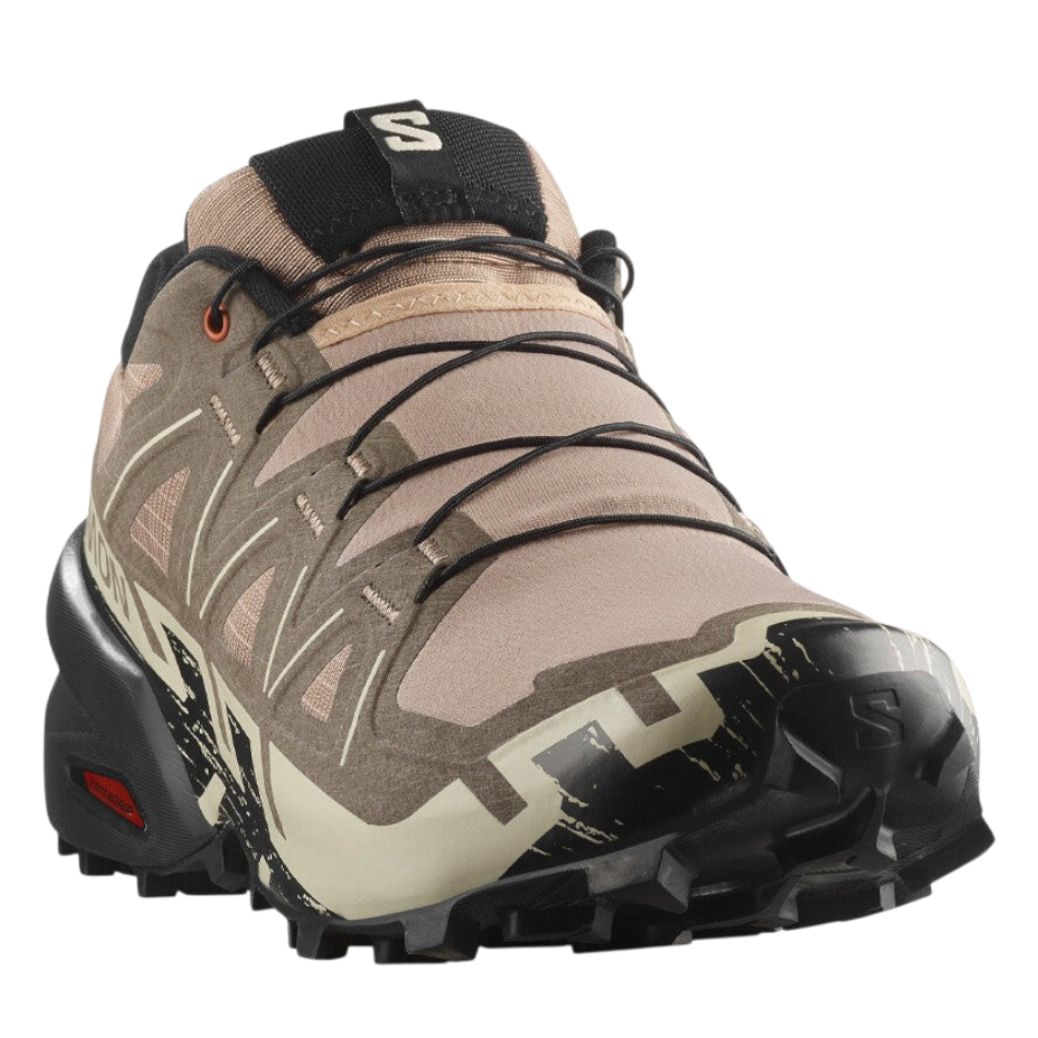Up & Running Salomon Speedcross 6 men's trail running shoes in natural, black, and almond milk with lugged outsole