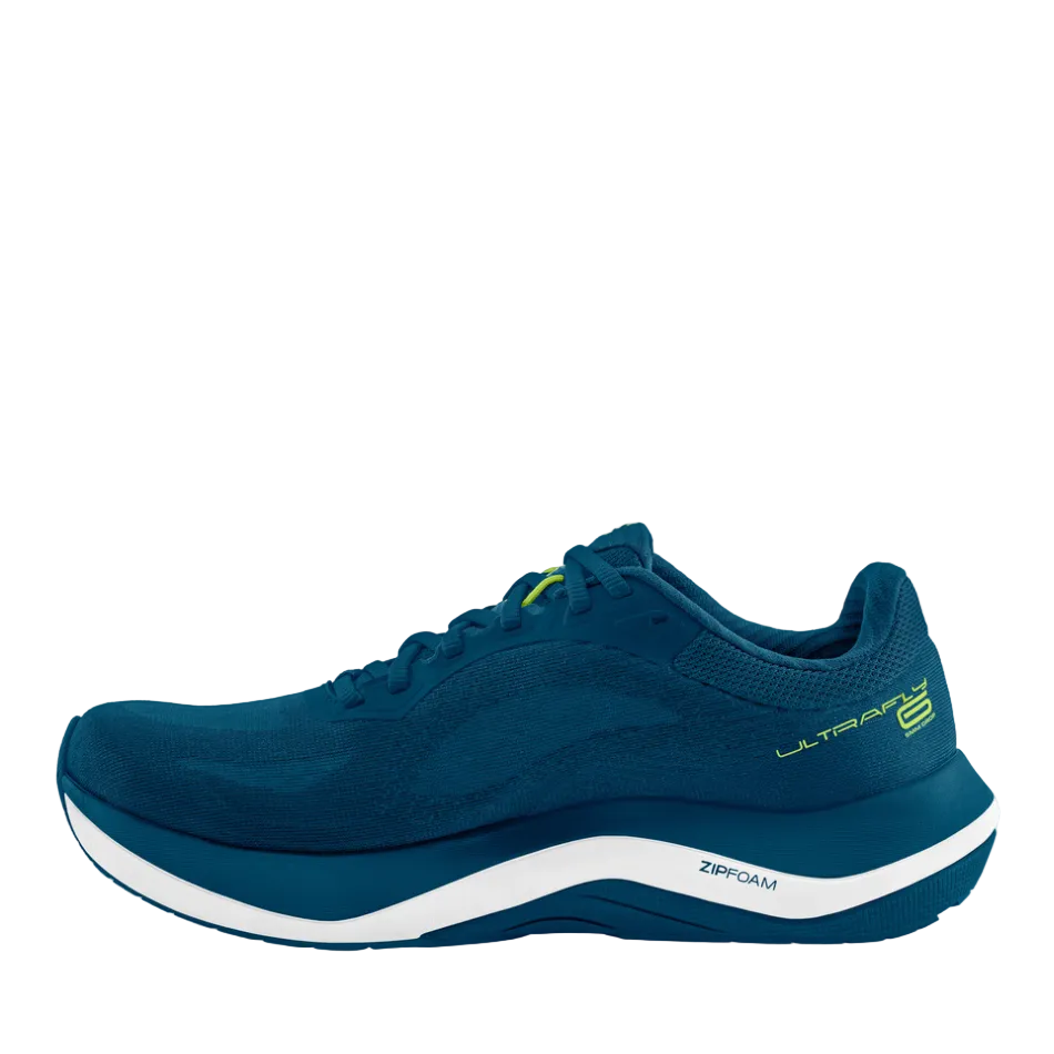 Topo Men's Ultrafly 6 Running Shoes in Navy/Lime, side view