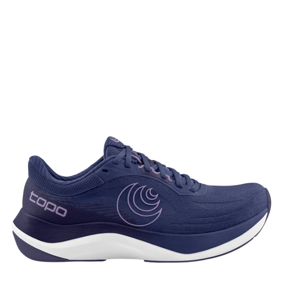 Up & Running Topo Women's Ultrafly 6 running shoes in purple and white with ZipFoam midsole and side logo detail.