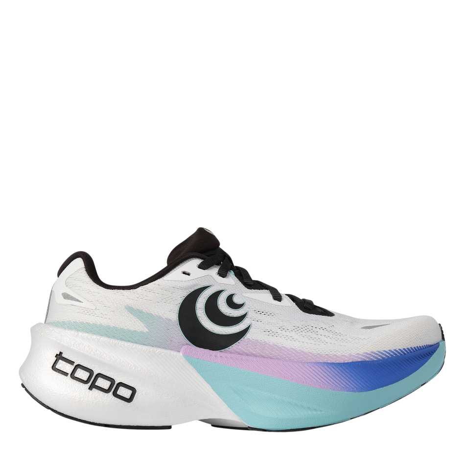 Up & Running Topo Women's Specter 3 running shoes in white with teal and purple accents and a thick cushioned sole.