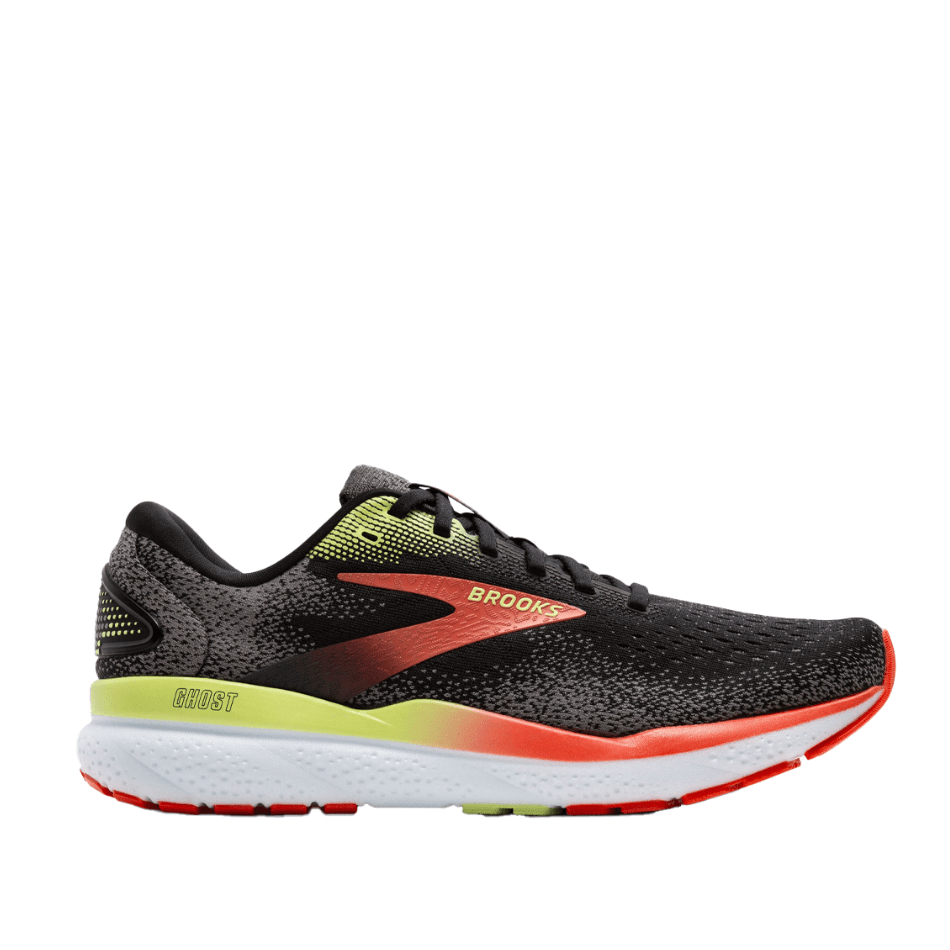 Brooks Shoes Brooks Men's Ghost 16 Running Shoes 2E (Wide Width) in Black/Mandarin Red/Green AW24 - Up and Running