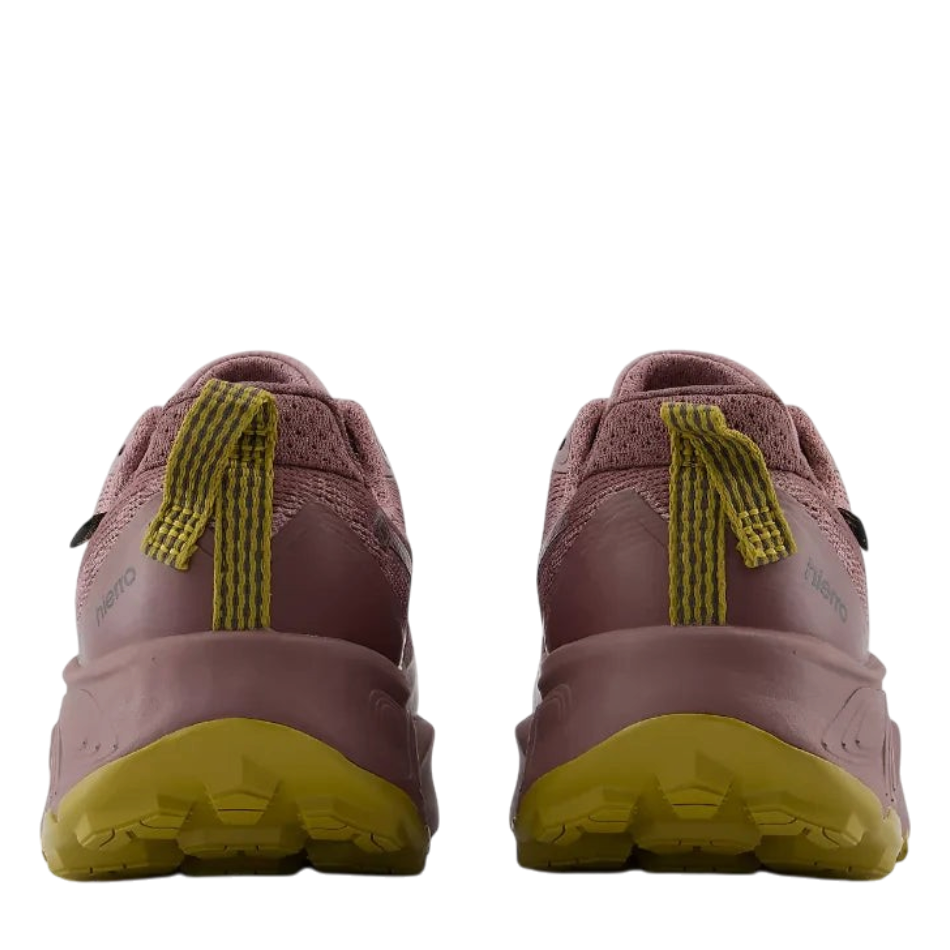 Up & Running New Balance Hierro v9 GTX trail running shoes in pebble, rear view showing yellow lugged Vibram soles.