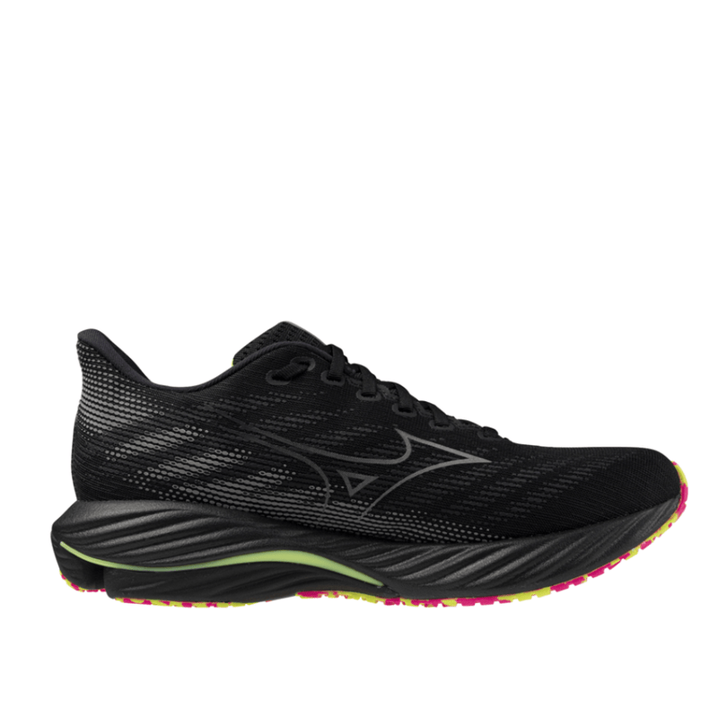 Mizuno Shoes Mizuno Unisex Wave Rider 28 in Black/Silver/Sunny Lime - Up and Running