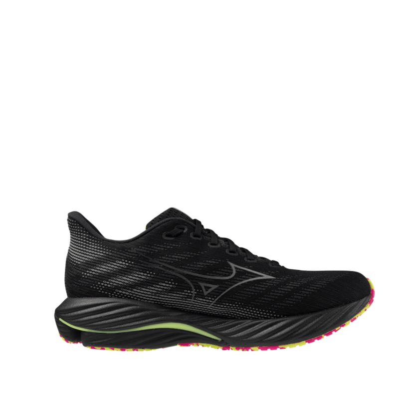 Mizuno Shoes Mizuno Unisex Wave Rider 28 in Black/Silver/Sunny Lime - Up and Running