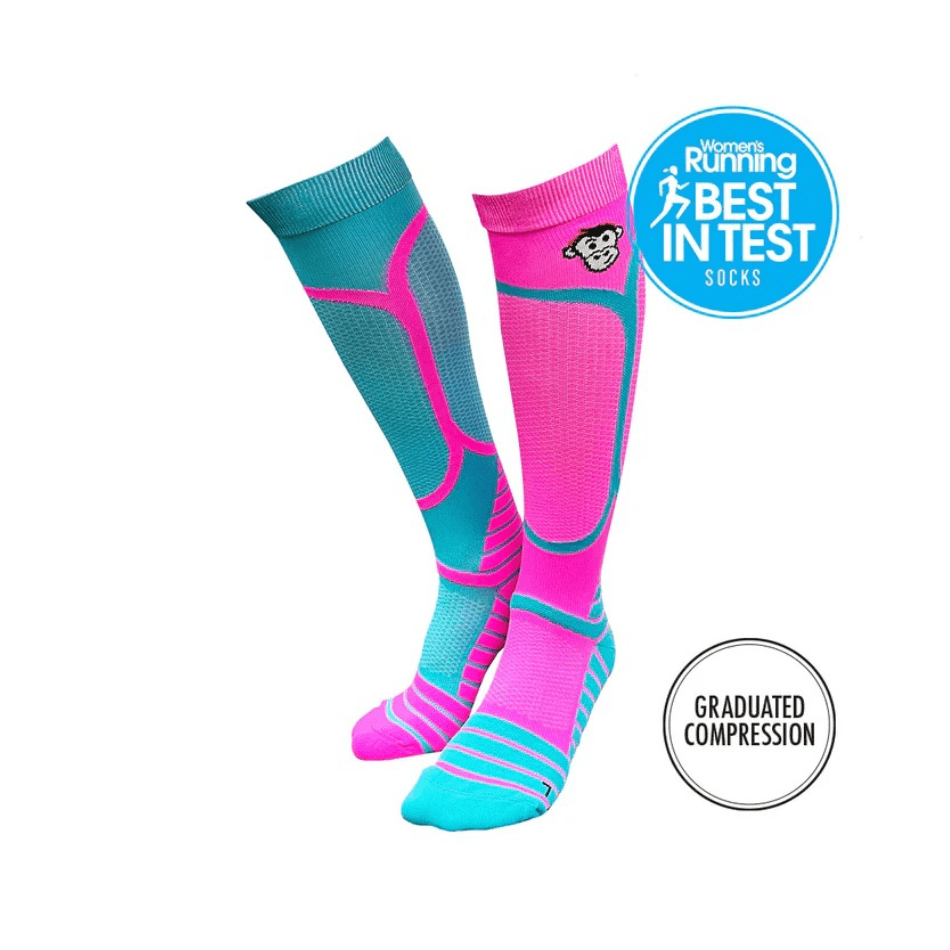 Monkey Sox Clothing Monkey Sox Victory Compression Running Socks in Pink/Turquoise - Up and Running