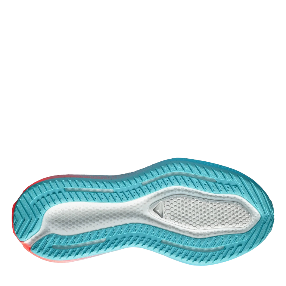 Up & Running Salomon Women's Aero Glide 4 running shoe outsole in blue and white with textured grip pattern