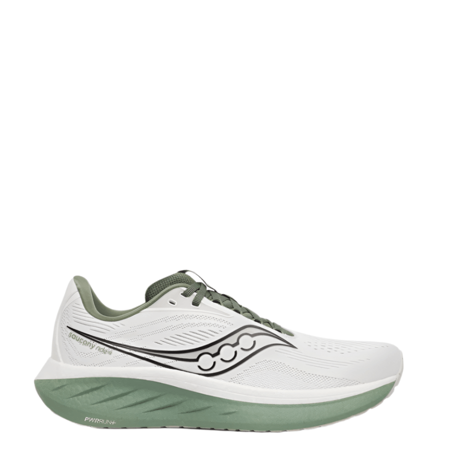 Saucony Shoes Saucony Men's Ride 18 Running Shoes in White/Olivine SS25 - Up and Running