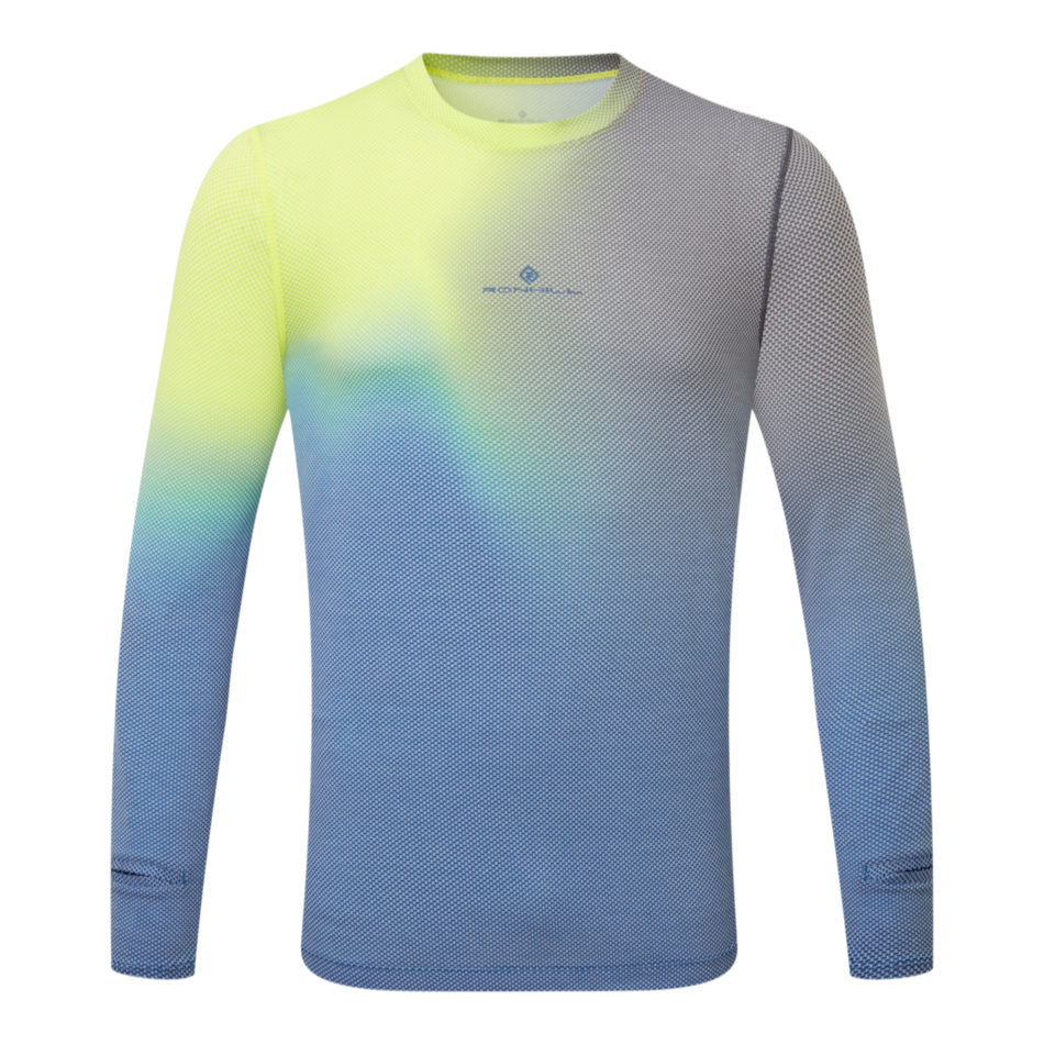 Up & Running Ronhill men's long-sleeved tech running tee in a glacier merge yellow, blue, and grey gradient pattern.