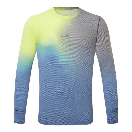 Up & Running Ronhill men's long-sleeved tech running tee in a glacier merge yellow, blue, and grey gradient pattern.