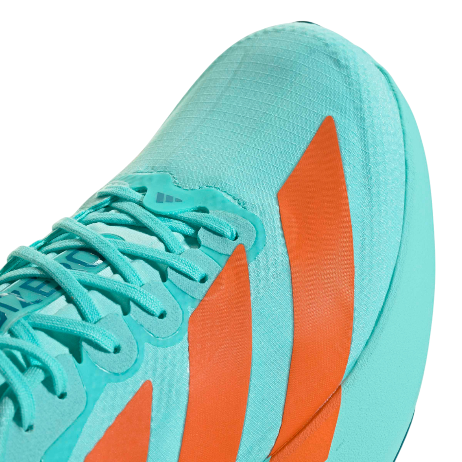 Up & Running adidas adizero Evo SL running shoe in flash aqua with bold impact orange stripes and woven texture