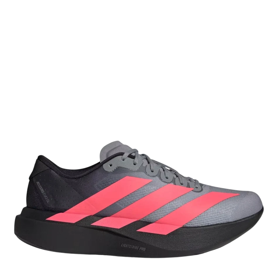 Up & Running adidas Adizero Evo SL running shoes in grey with black midsole and bright solar turbo pink stripes