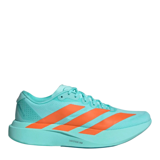 Up & Running adidas Adizero Evo SL running shoes in flash aqua with impact orange stripes and Lightstrike Pro foam