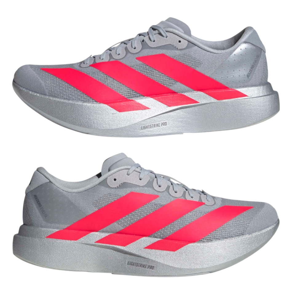 Up & Running adidas adizero Evo SL running shoes in silver metallic and lucid red with Lightstrike Pro cushioning