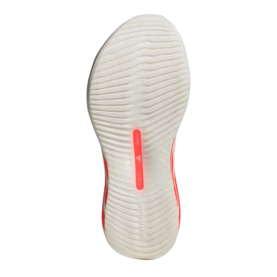 Up & Running adidas Women's Hyperboost Edge running shoe outsole in white with orange detailing and Lighttraxion grip