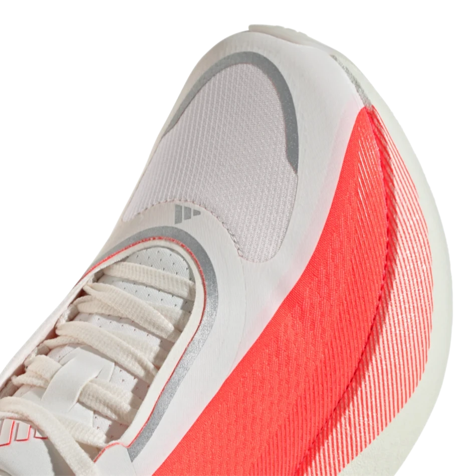 Up & Running adidas Women's Hyperboost Edge running shoe in white and solar turbo with PRIMEWEAVE upper detail