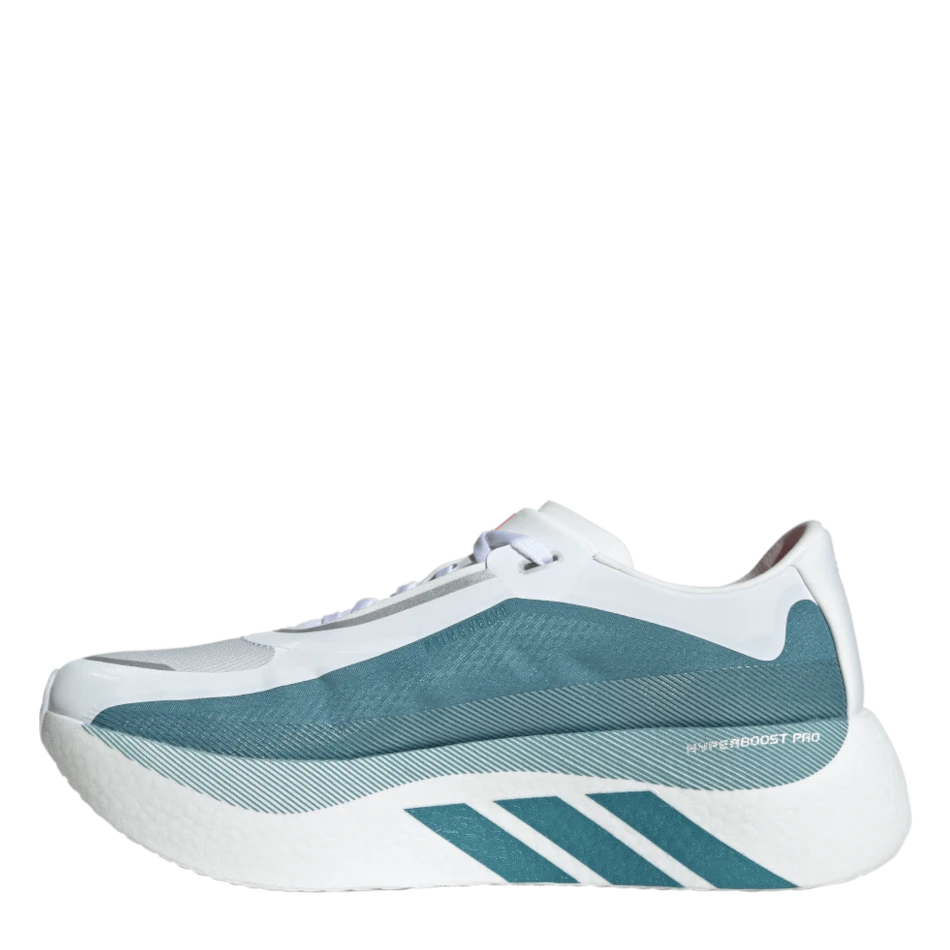 Up & Running adidas Hyperboost Edge running shoes in white and petrol blue with a thick cushioned midsole