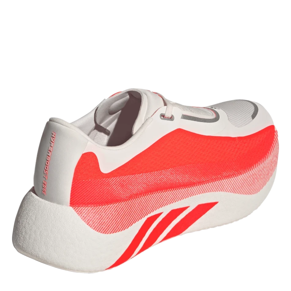 Up & Running adidas Women's Hyperboost Edge running shoes in Solar Turbo featuring a white and bright orange design.