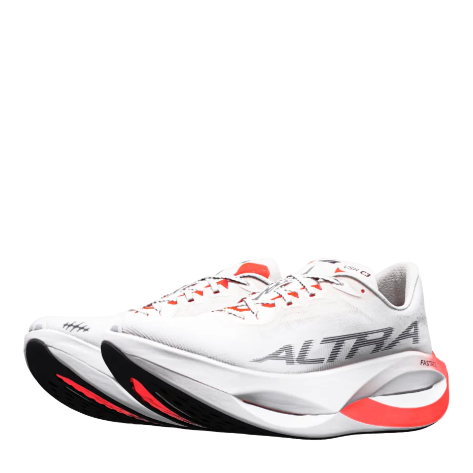 Up & Running Altra Women's Vanish Carbon 3 running shoes in white, black, and fiery coral with a carbon plate midsole.